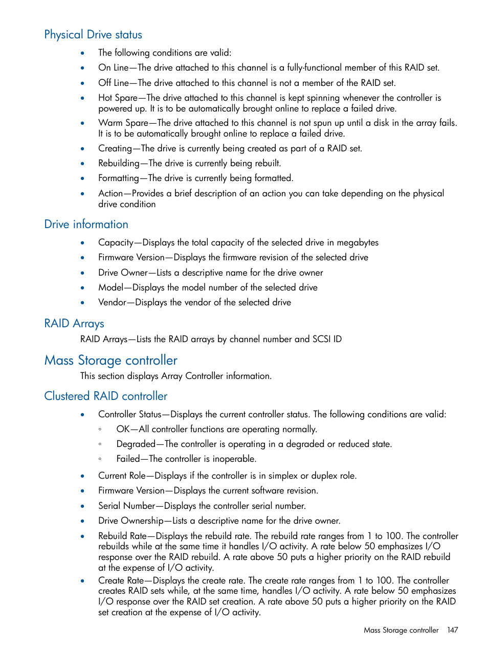 Physical drive status, Drive information, Raid arrays | Mass storage controller, Clustered raid controller | HP Insight Management Agents User Manual | Page 147 / 165