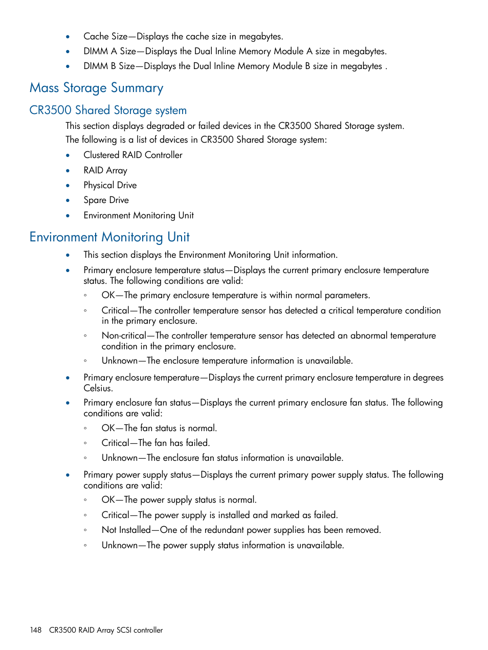 Mass storage summary, Cr3500 shared storage system, Environment monitoring unit | HP Insight Management Agents User Manual | Page 148 / 165