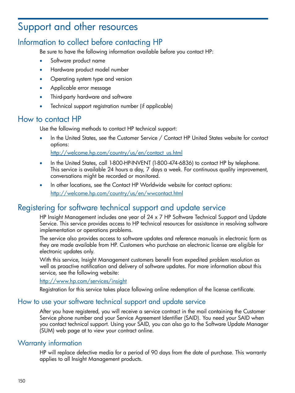 Support and other resources, Information to collect before contacting hp, How to contact hp | Warranty information | HP Insight Management Agents User Manual | Page 150 / 165