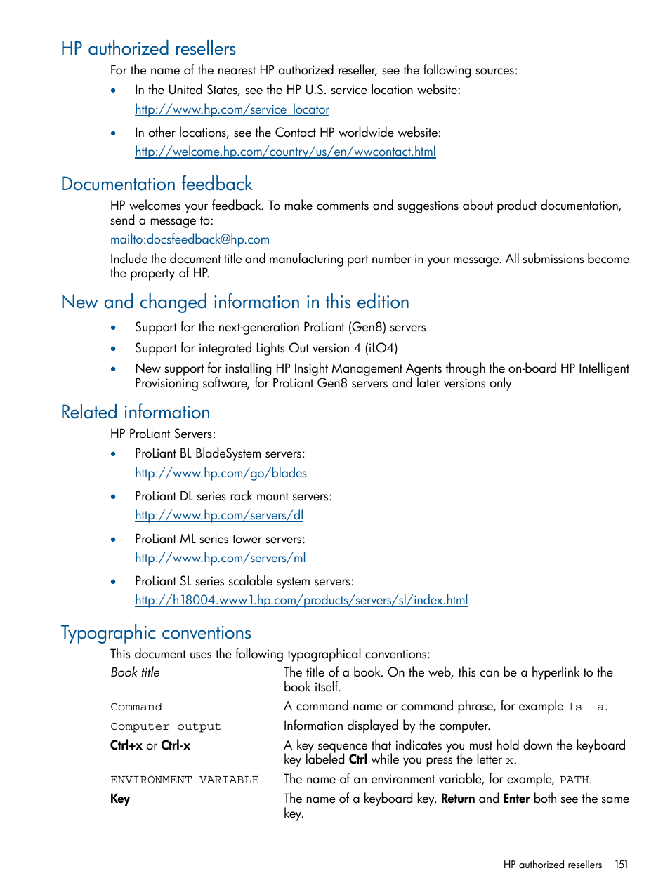 Hp authorized resellers, Documentation feedback, New and changed information in this edition | Related information, Typographic conventions | HP Insight Management Agents User Manual | Page 151 / 165