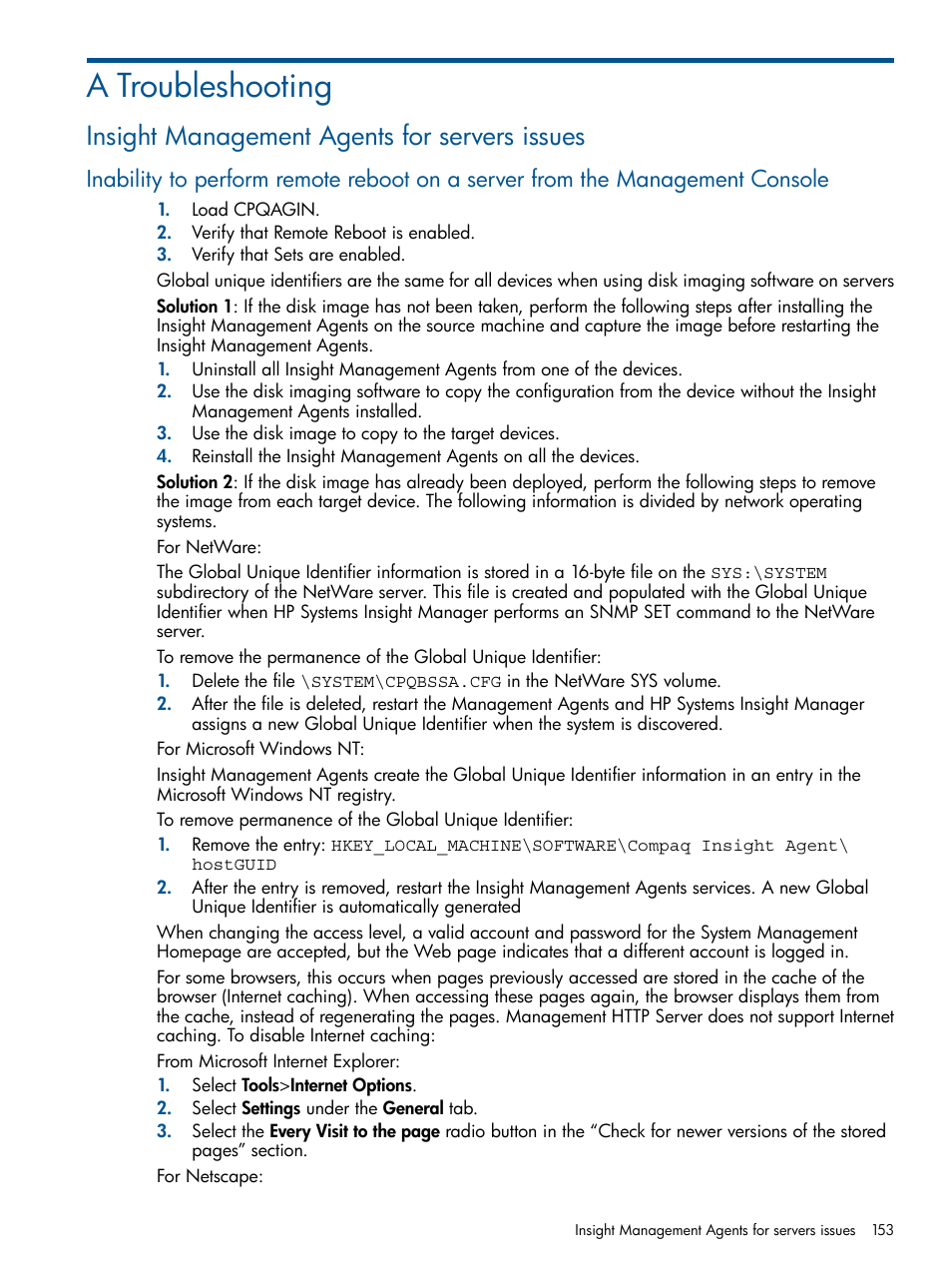 A troubleshooting, Insight management agents for servers issues | HP Insight Management Agents User Manual | Page 153 / 165