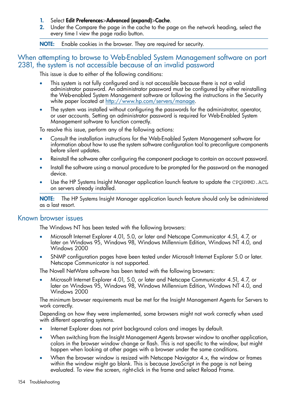 Known browser issues | HP Insight Management Agents User Manual | Page 154 / 165