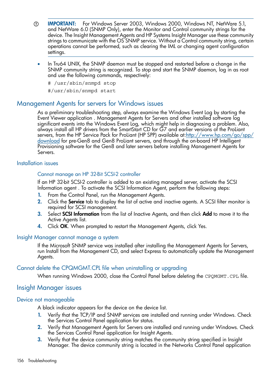 Management agents for servers for windows issues, Installation issues, Cannot manage an hp 32‑bit scsi‑2 controller | Insight manager cannot manage a system, Insight manager issues, Device not manageable, Cannot manage an hp 32-bit scsi-2 controller | HP Insight Management Agents User Manual | Page 156 / 165