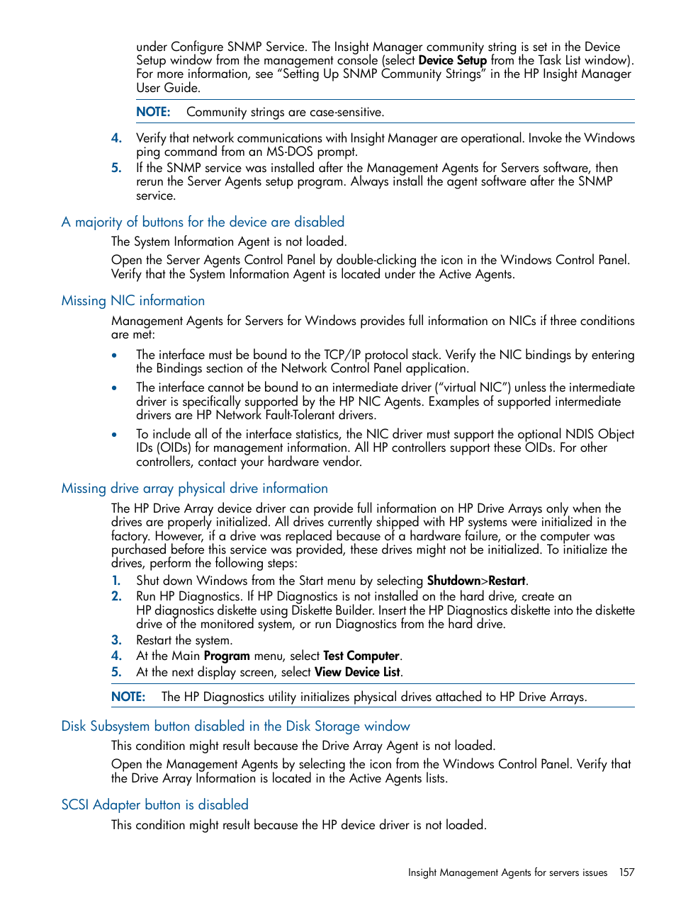 A majority of buttons for the device are disabled, Missing nic information, Missing drive array physical drive information | Scsi adapter button is disabled | HP Insight Management Agents User Manual | Page 157 / 165