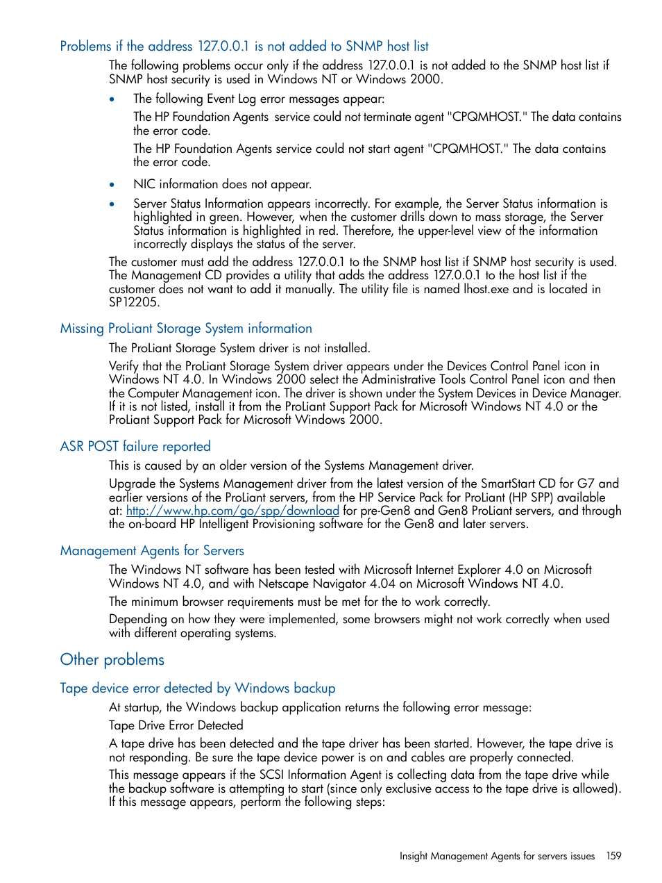 Missing proliant storage system information, Asr post failure reported, Management agents for servers | Other problems, Tape device error detected by windows backup | HP Insight Management Agents User Manual | Page 159 / 165