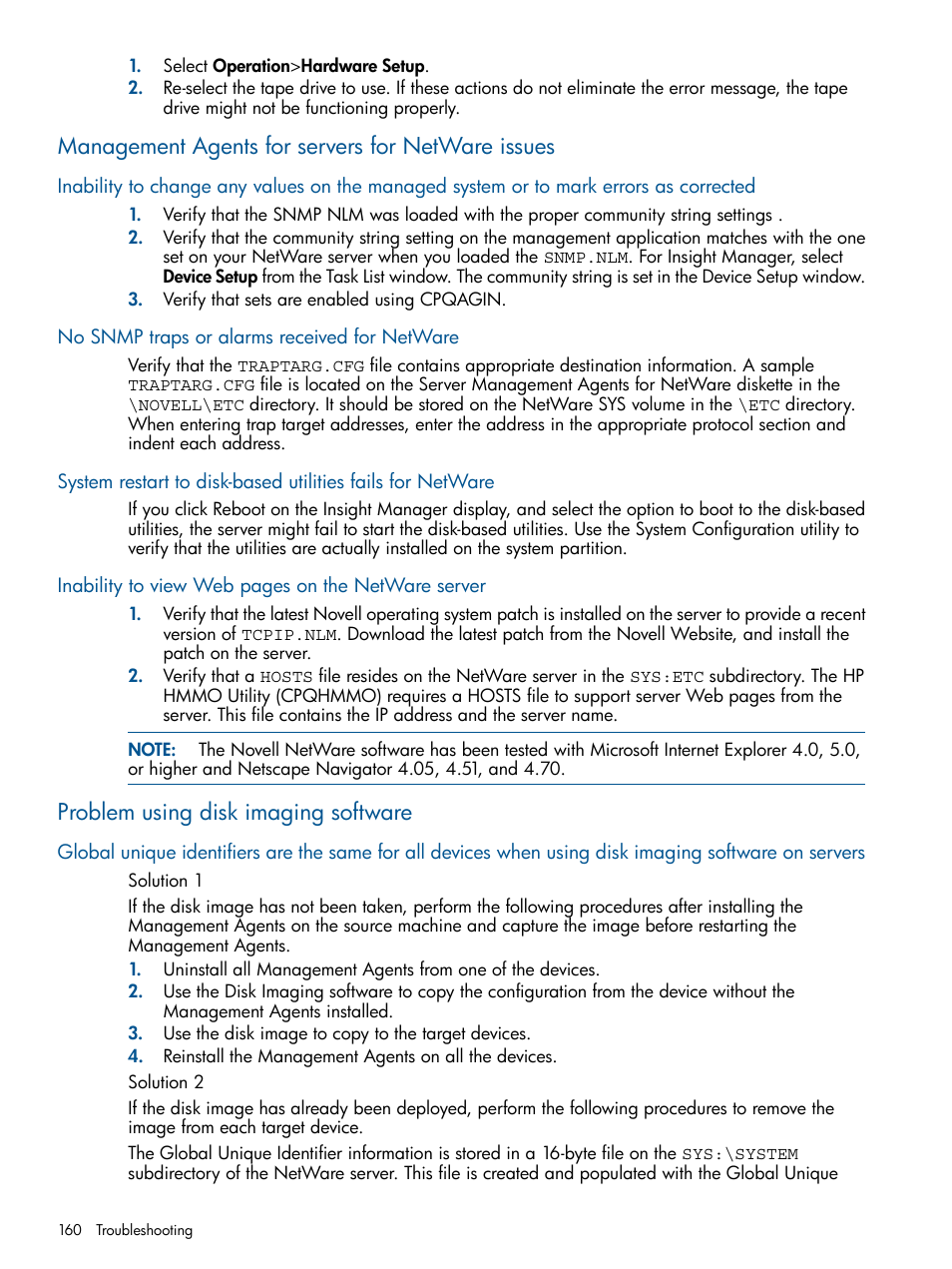 Management agents for servers for netware issues, No snmp traps or alarms received for netware, Problem using disk imaging software | HP Insight Management Agents User Manual | Page 160 / 165