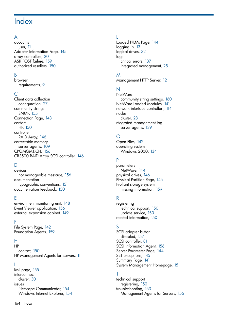 Index | HP Insight Management Agents User Manual | Page 164 / 165