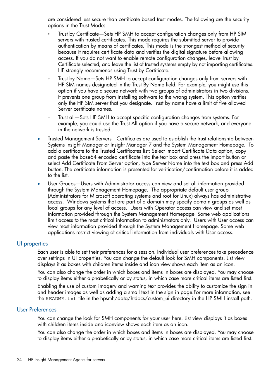 Ui properties, User preferences | HP Insight Management Agents User Manual | Page 24 / 165