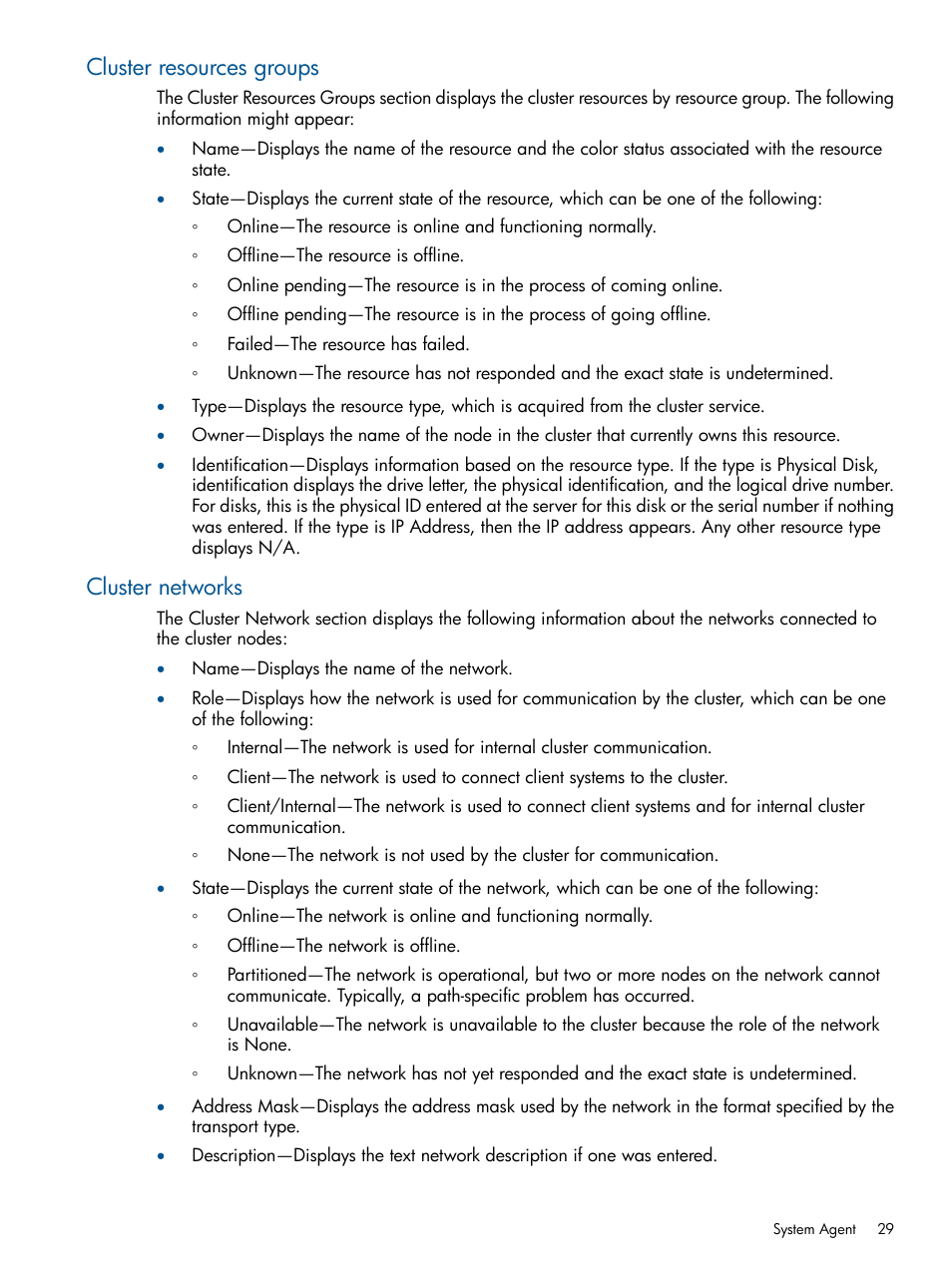 Cluster resources groups, Cluster networks, Cluster resources groups cluster networks | HP Insight Management Agents User Manual | Page 29 / 165