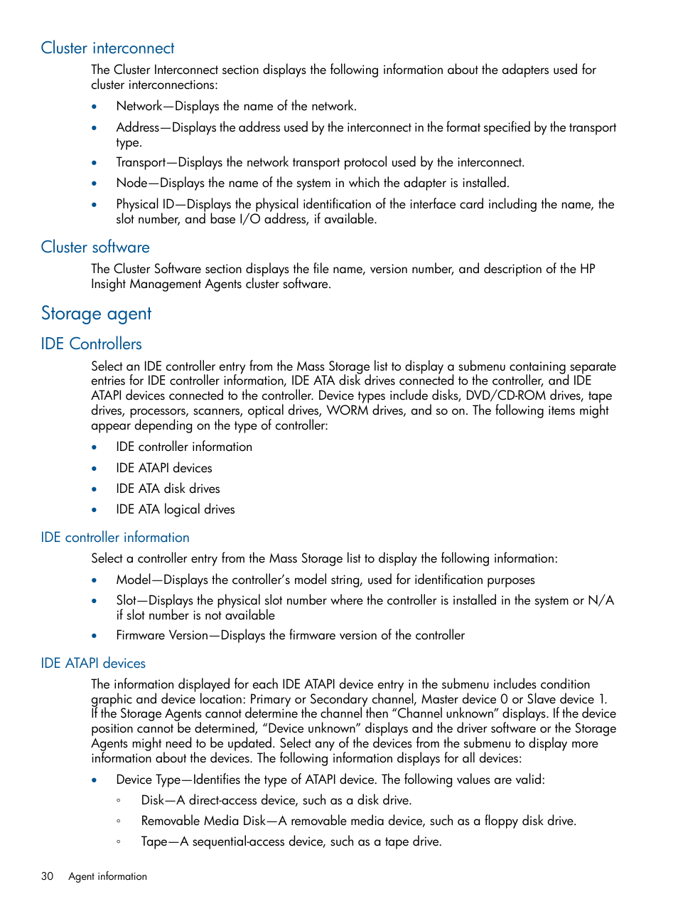 Cluster interconnect, Cluster software, Storage agent | Ide controllers, Ide controller information, Ide atapi devices, Cluster interconnect cluster software, Ide controller information ide atapi devices | HP Insight Management Agents User Manual | Page 30 / 165