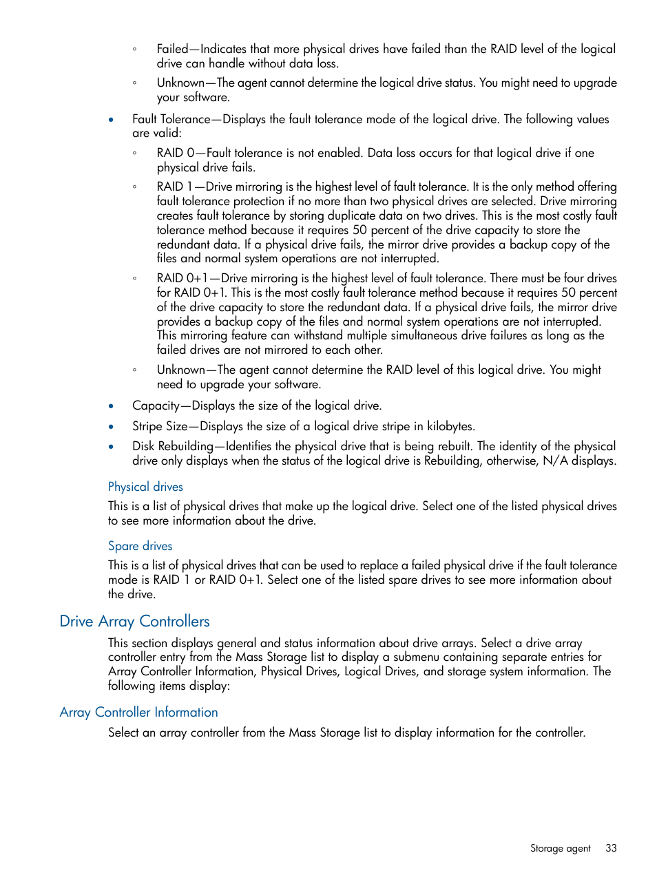 Physical drives, Spare drives, Drive array controllers | Array controller information, Physical drives spare drives | HP Insight Management Agents User Manual | Page 33 / 165