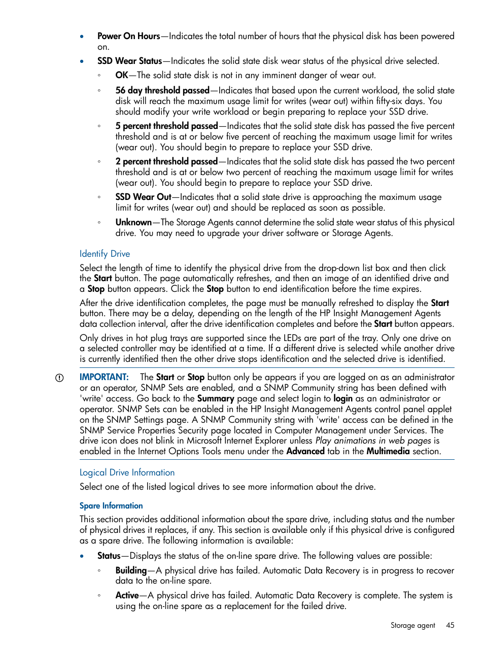 Identify drive, Logical drive information, Spare information | Identify drive logical drive information | HP Insight Management Agents User Manual | Page 45 / 165