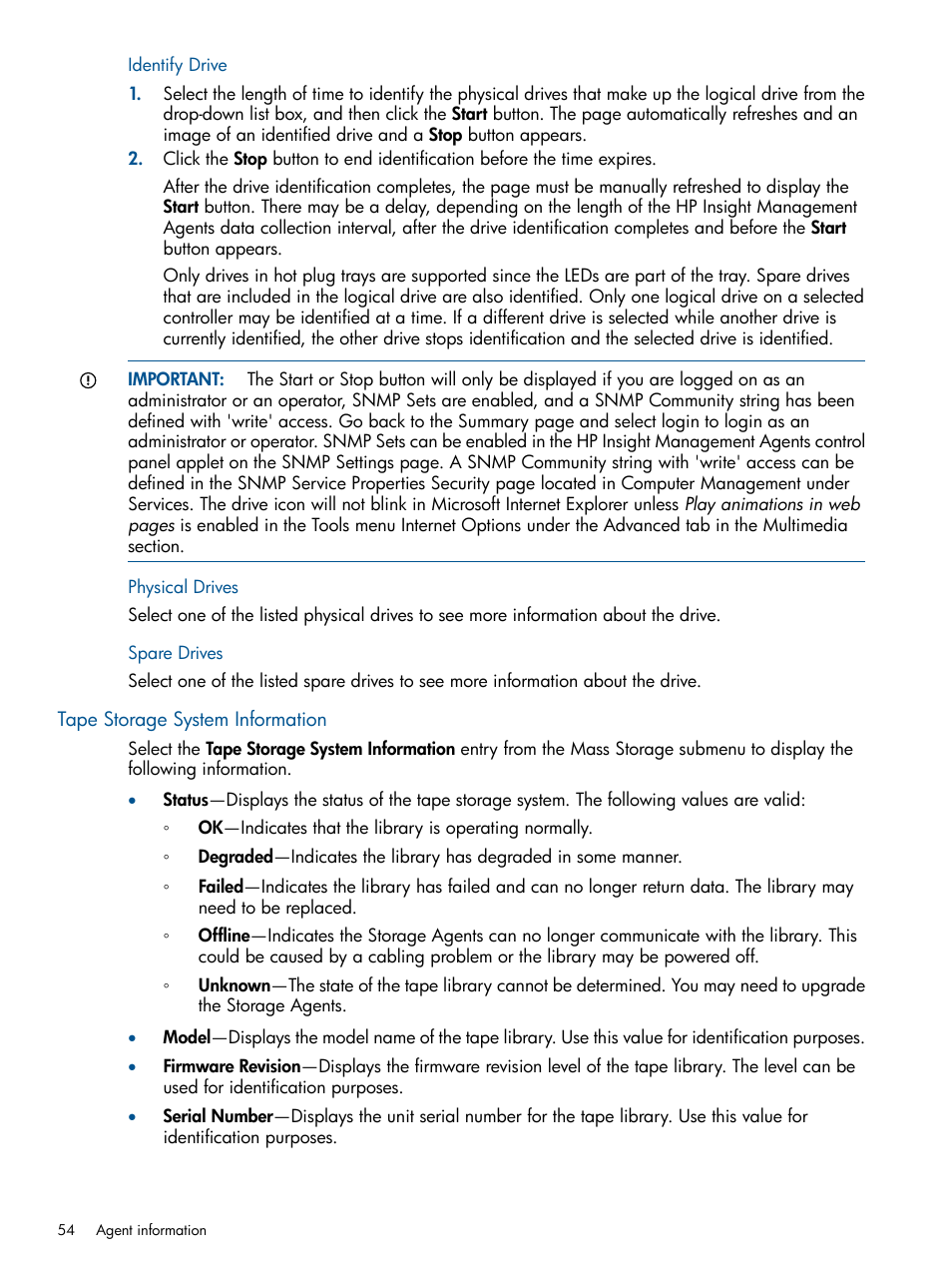 Identify drive, Physical drives, Spare drives | Tape storage system information, Identify drive physical drives spare drives | HP Insight Management Agents User Manual | Page 54 / 165