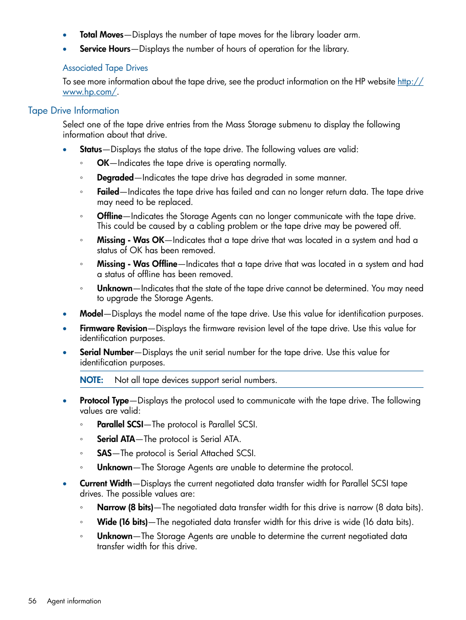 Associated tape drives, Tape drive information | HP Insight Management Agents User Manual | Page 56 / 165