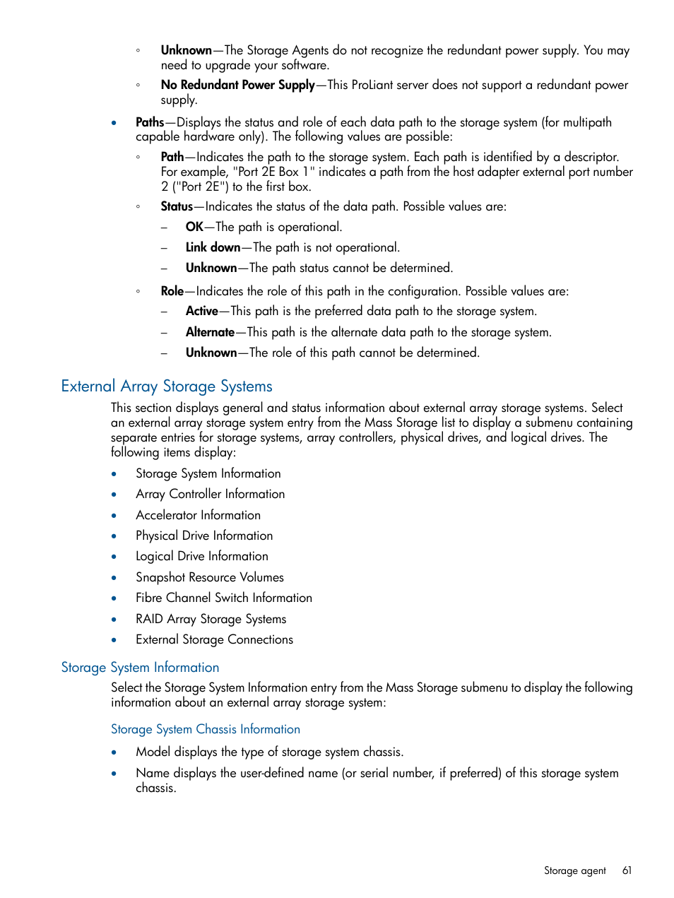 External array storage systems, Storage system information, Storage system chassis information | HP Insight Management Agents User Manual | Page 61 / 165