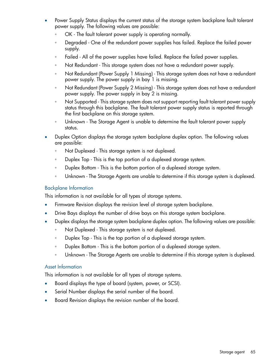 Backplane information, Asset information, Backplane information asset information | HP Insight Management Agents User Manual | Page 65 / 165