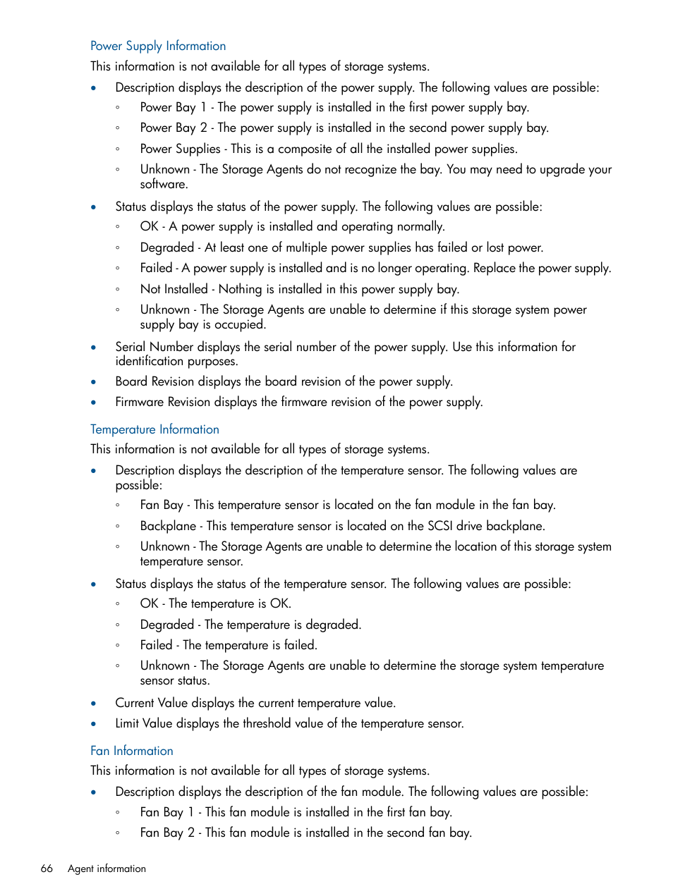 Power supply information, Temperature information, Fan information | Temperature information fan information | HP Insight Management Agents User Manual | Page 66 / 165