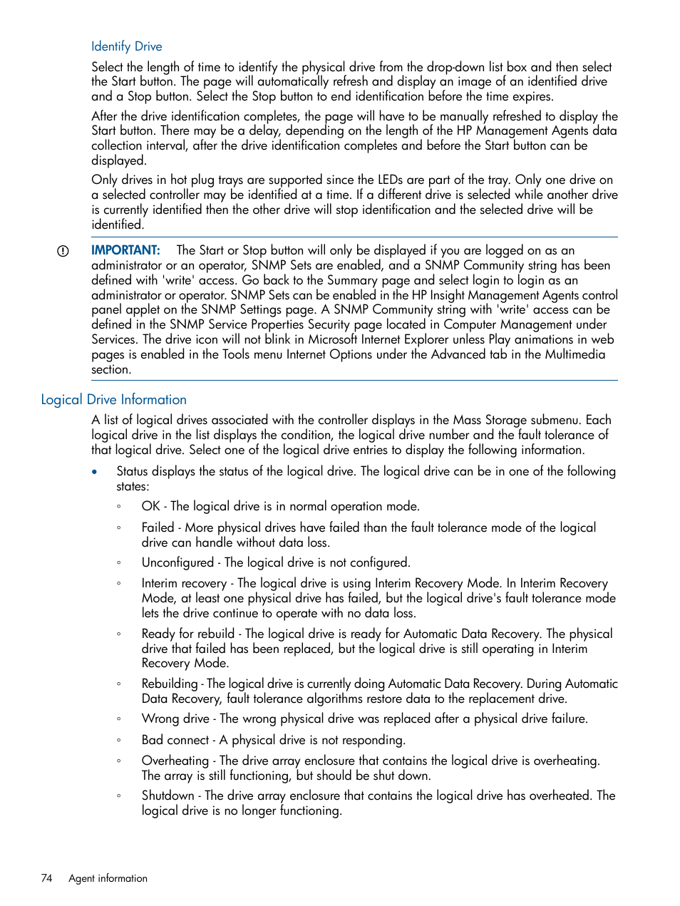 Identify drive, Logical drive information | HP Insight Management Agents User Manual | Page 74 / 165