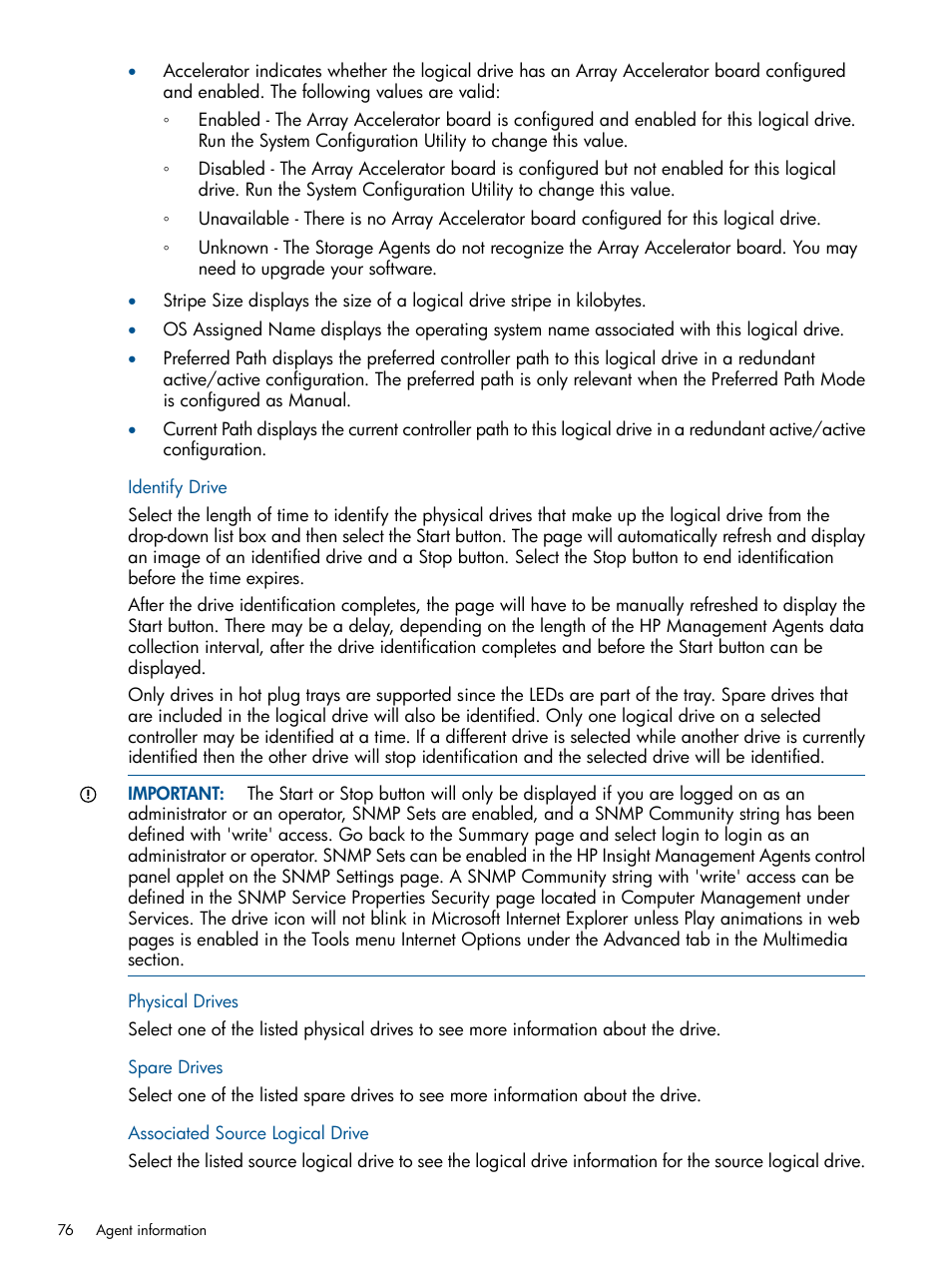 Identify drive, Physical drives, Spare drives | Associated source logical drive | HP Insight Management Agents User Manual | Page 76 / 165