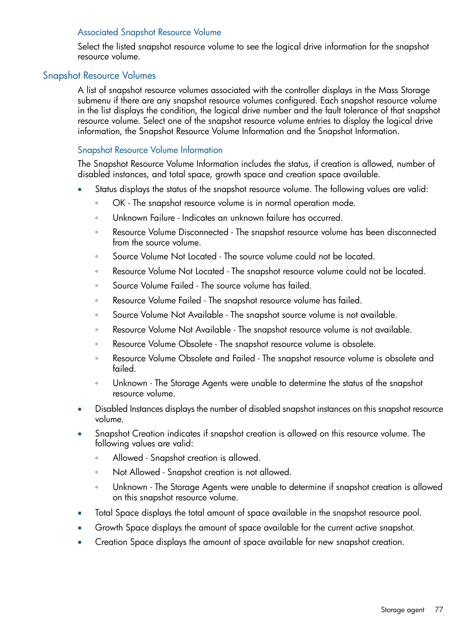 Associated snapshot resource volume, Snapshot resource volumes, Snapshot resource volume information | HP Insight Management Agents User Manual | Page 77 / 165