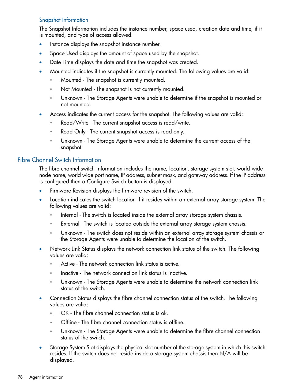 Snapshot information, Fibre channel switch information | HP Insight Management Agents User Manual | Page 78 / 165