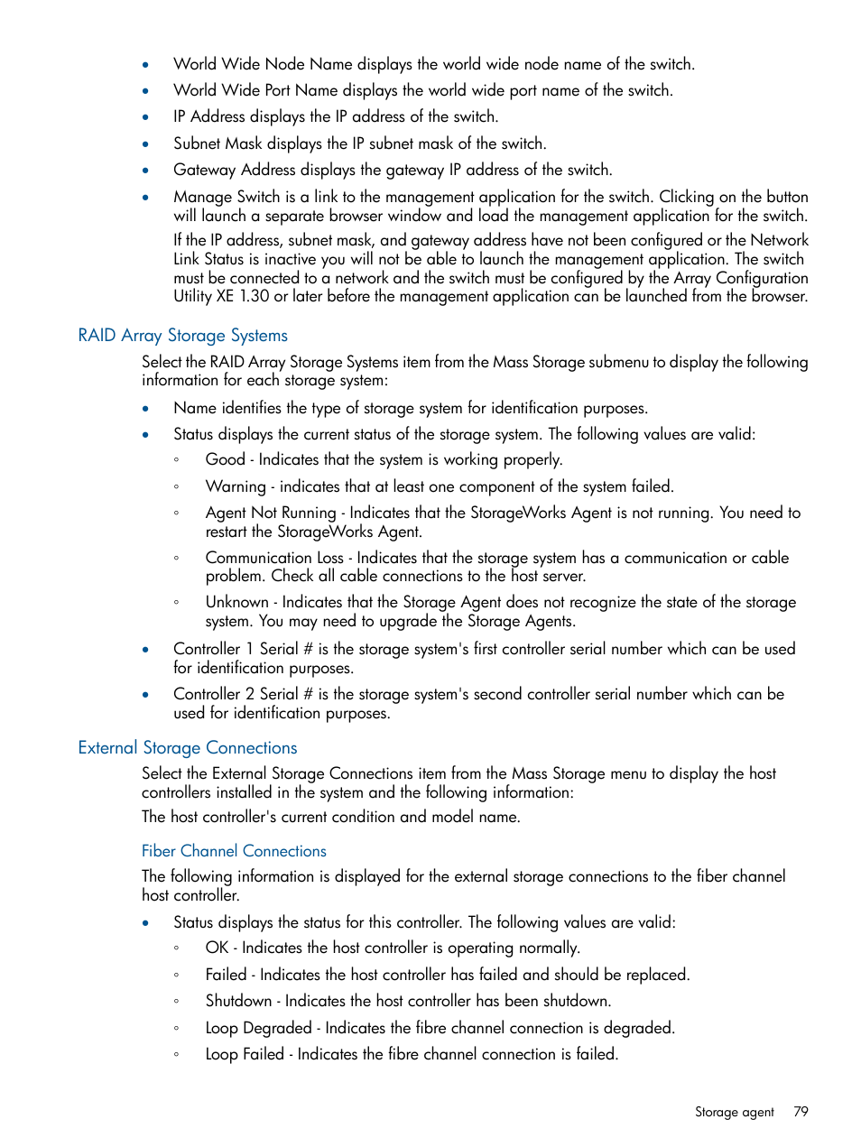 Raid array storage systems, External storage connections, Fiber channel connections | HP Insight Management Agents User Manual | Page 79 / 165