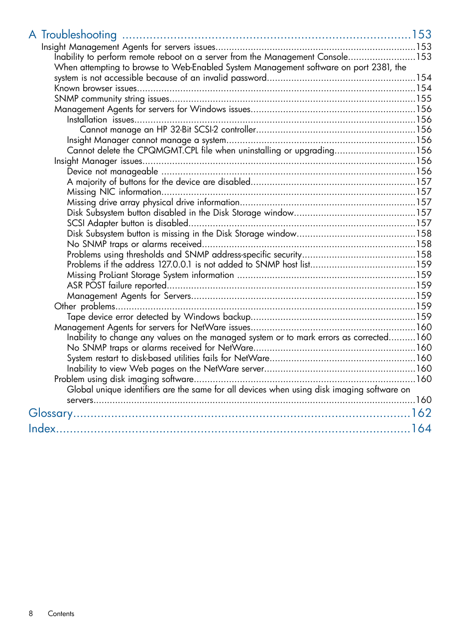 A troubleshooting, Glossary index | HP Insight Management Agents User Manual | Page 8 / 165