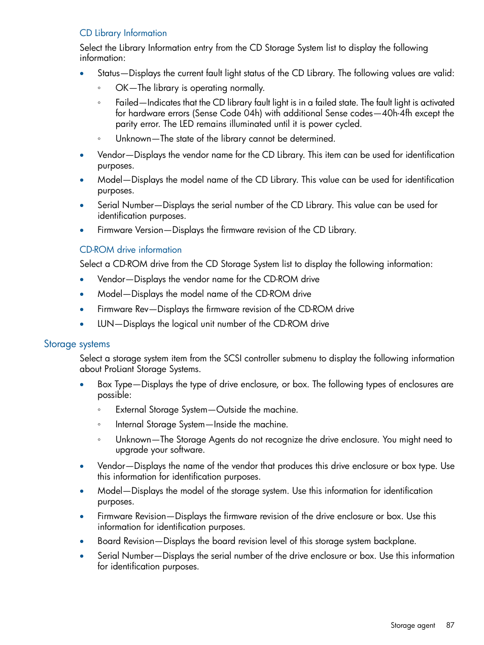 Cd library information, Cd-rom drive information, Storage systems | Cd library information cd-rom drive information | HP Insight Management Agents User Manual | Page 87 / 165