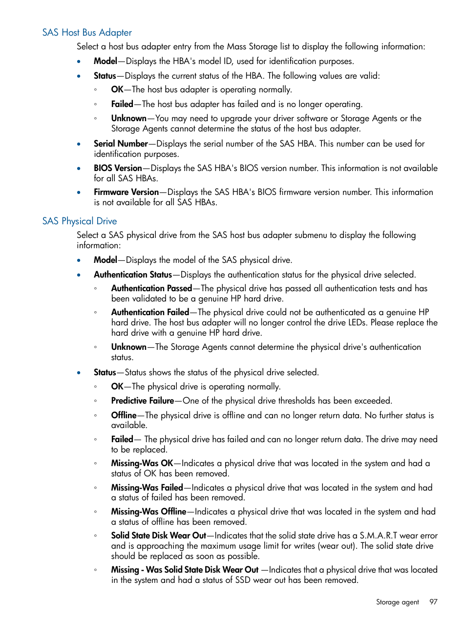 Sas host bus adapter, Sas physical drive, Sas host bus adapter sas physical drive | HP Insight Management Agents User Manual | Page 97 / 165