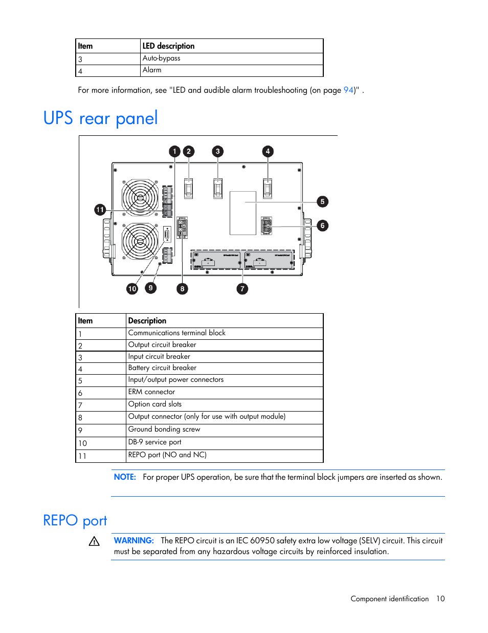 Ups rear panel, Repo port | HP Parallel Uninterruptible Power System User Manual | Page 10 / 115