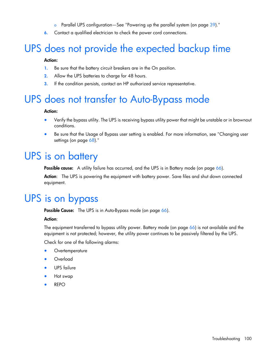 Ups does not provide the expected backup time, Ups does not transfer to auto-bypass mode, Ups is on battery | Ups is on bypass, Ups is, On battery, On bypass | HP Parallel Uninterruptible Power System User Manual | Page 100 / 115