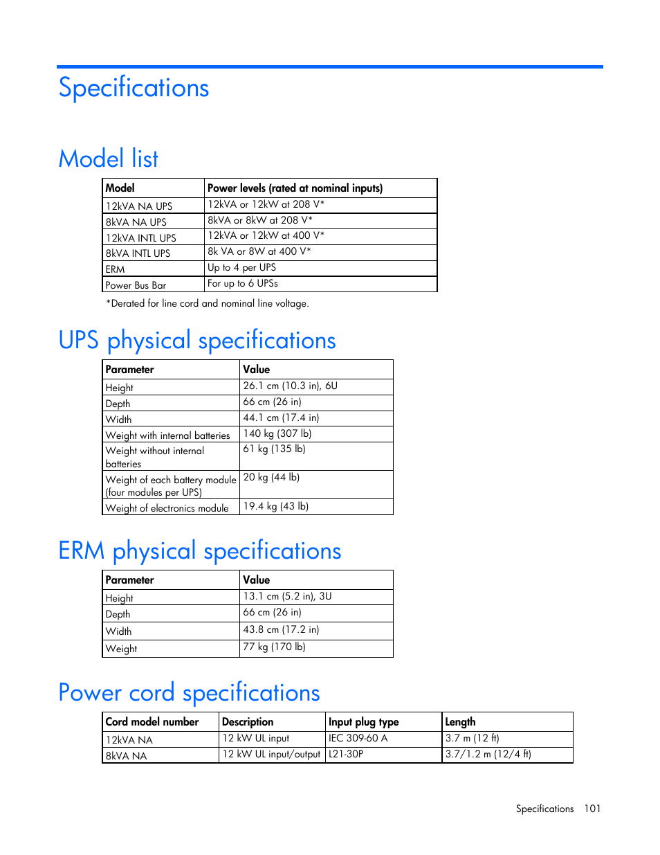 Specifications, Model list, Ups physical specifications | Erm physical specifications, Power cord specifications | HP Parallel Uninterruptible Power System User Manual | Page 101 / 115