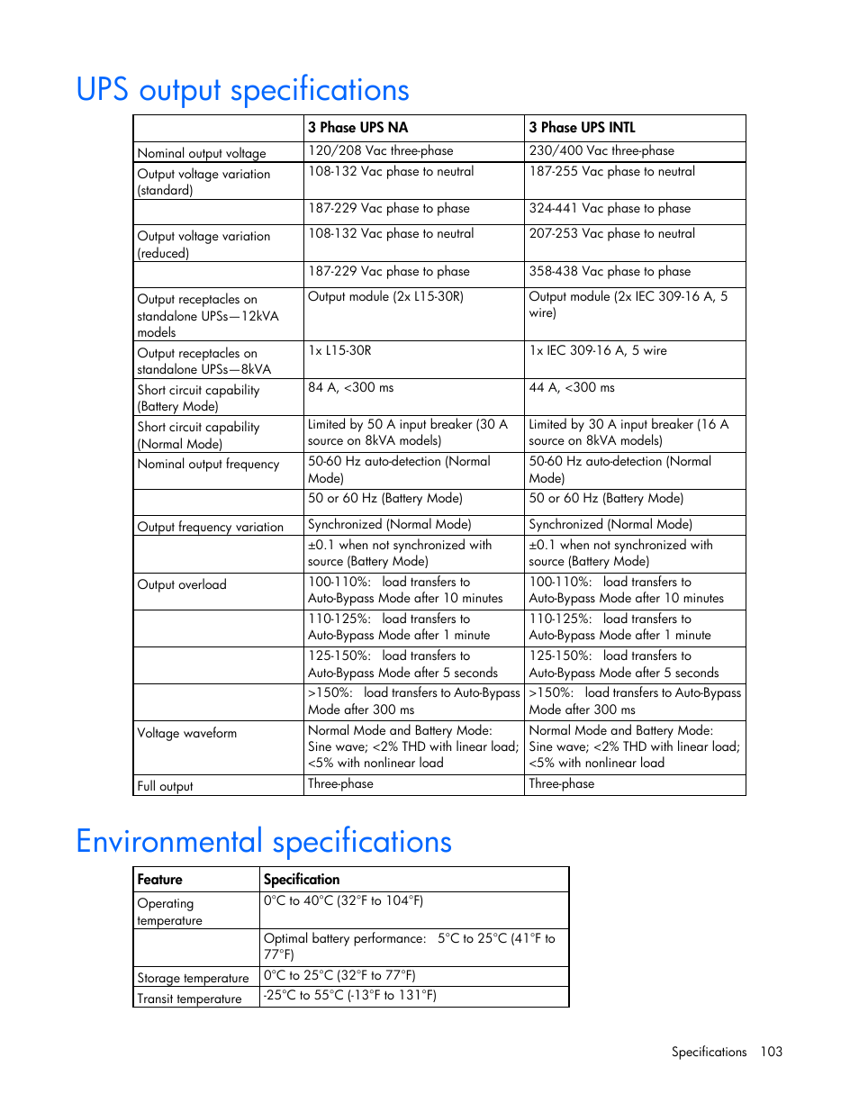 Ups output specifications, Environmental specifications | HP Parallel Uninterruptible Power System User Manual | Page 103 / 115