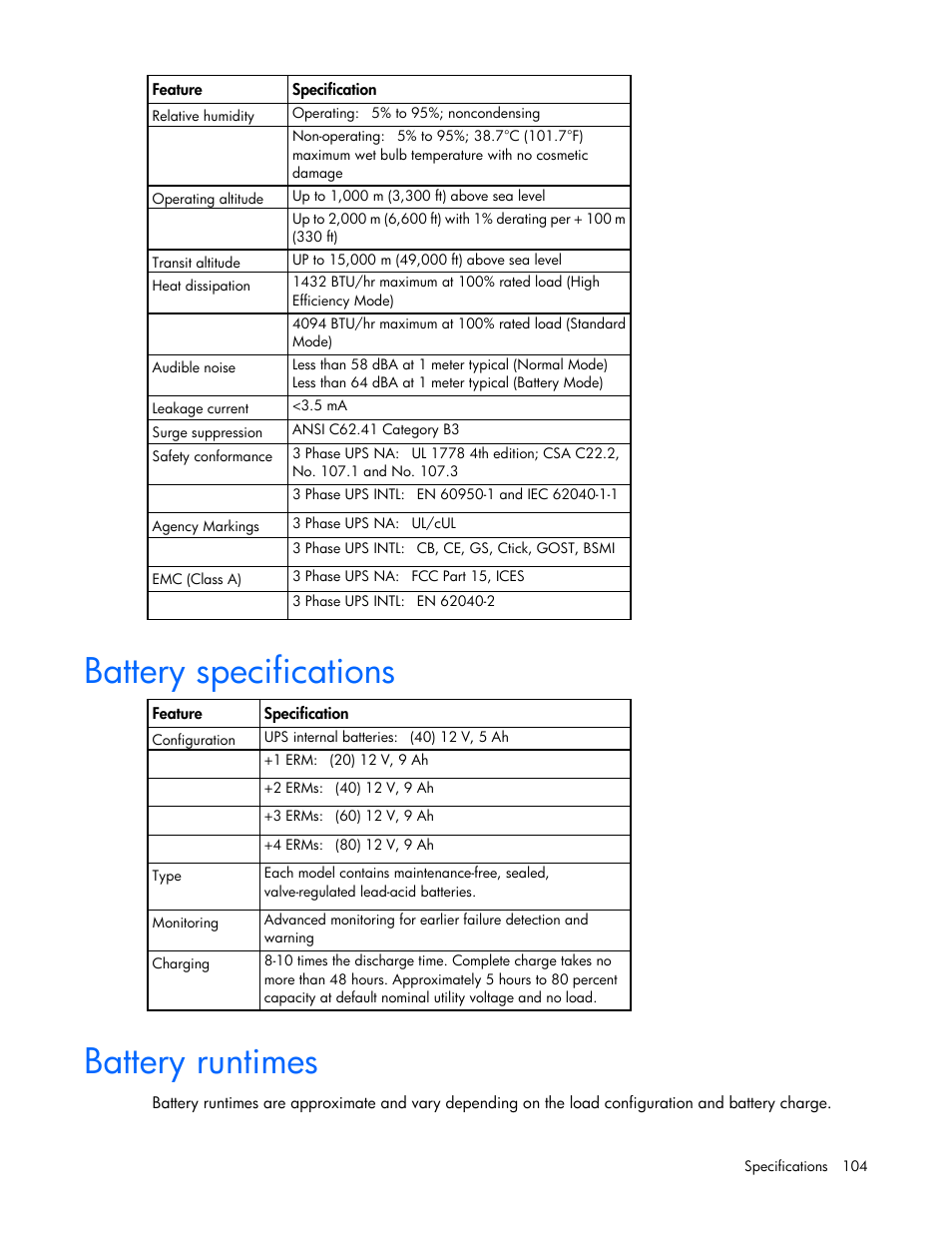 Battery specifications, Battery runtimes | HP Parallel Uninterruptible Power System User Manual | Page 104 / 115