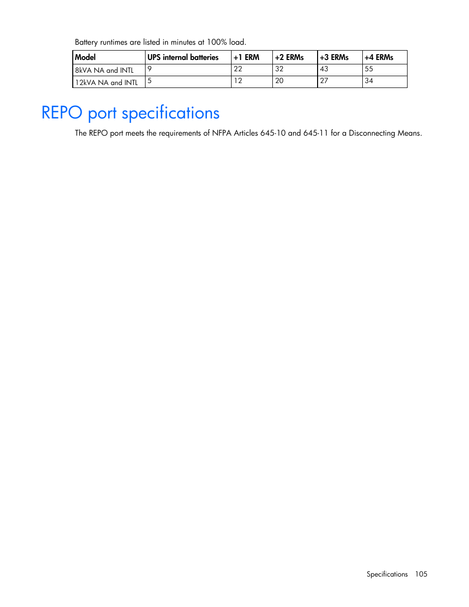 Repo port specifications | HP Parallel Uninterruptible Power System User Manual | Page 105 / 115