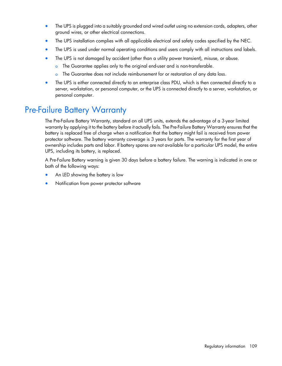 Pre-failure battery warranty | HP Parallel Uninterruptible Power System User Manual | Page 109 / 115