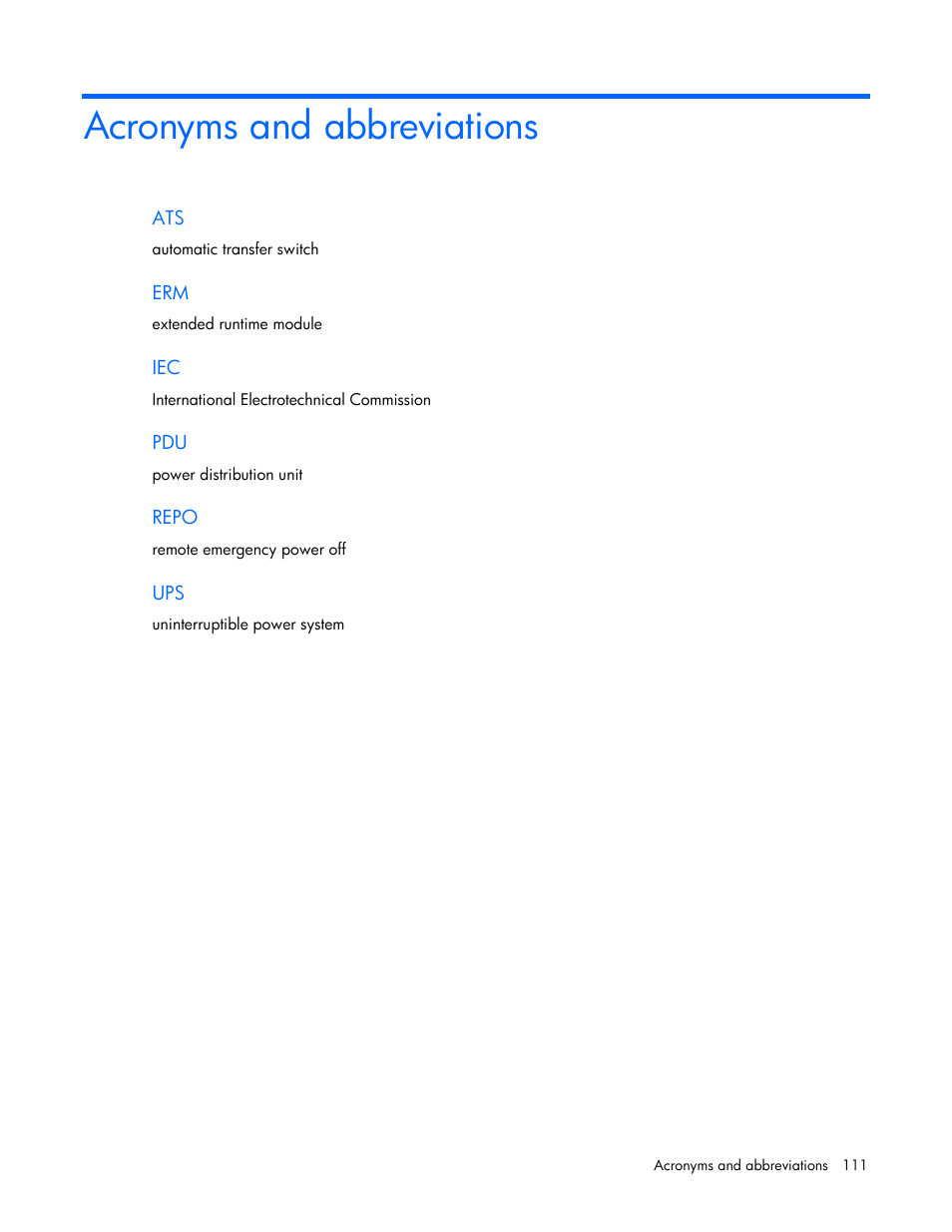 Acronyms and abbreviations | HP Parallel Uninterruptible Power System User Manual | Page 111 / 115