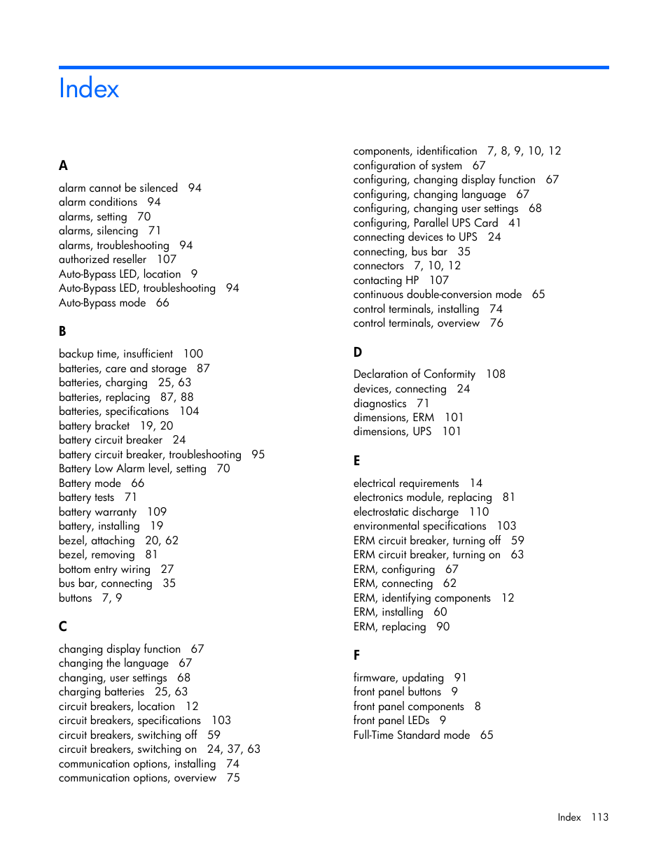 Index | HP Parallel Uninterruptible Power System User Manual | Page 113 / 115