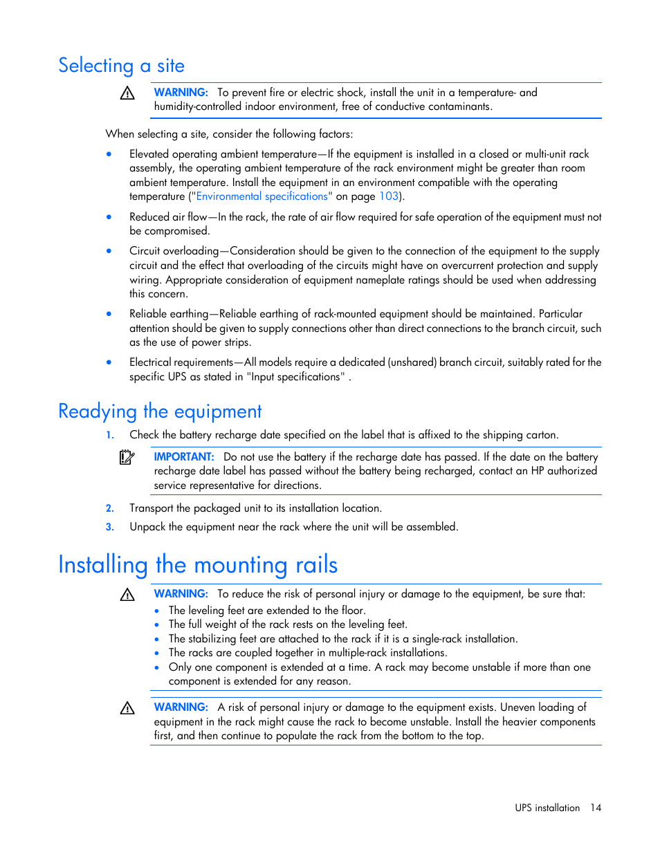 Selecting a site, Readying the equipment, Installing the mounting rails | HP Parallel Uninterruptible Power System User Manual | Page 14 / 115