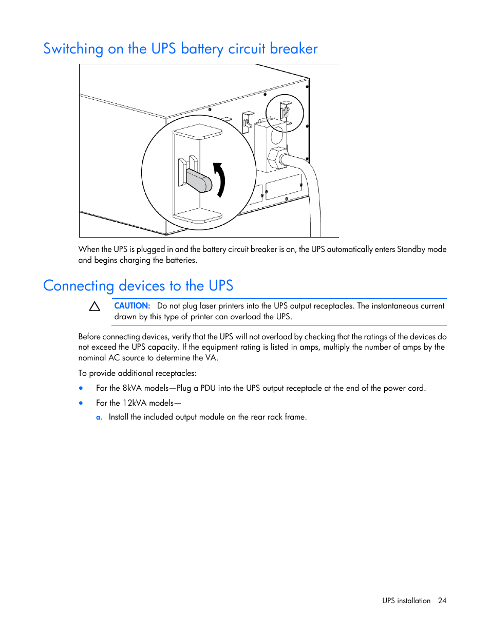 Switching on the ups battery circuit breaker, Connecting devices to the ups | HP Parallel Uninterruptible Power System User Manual | Page 24 / 115