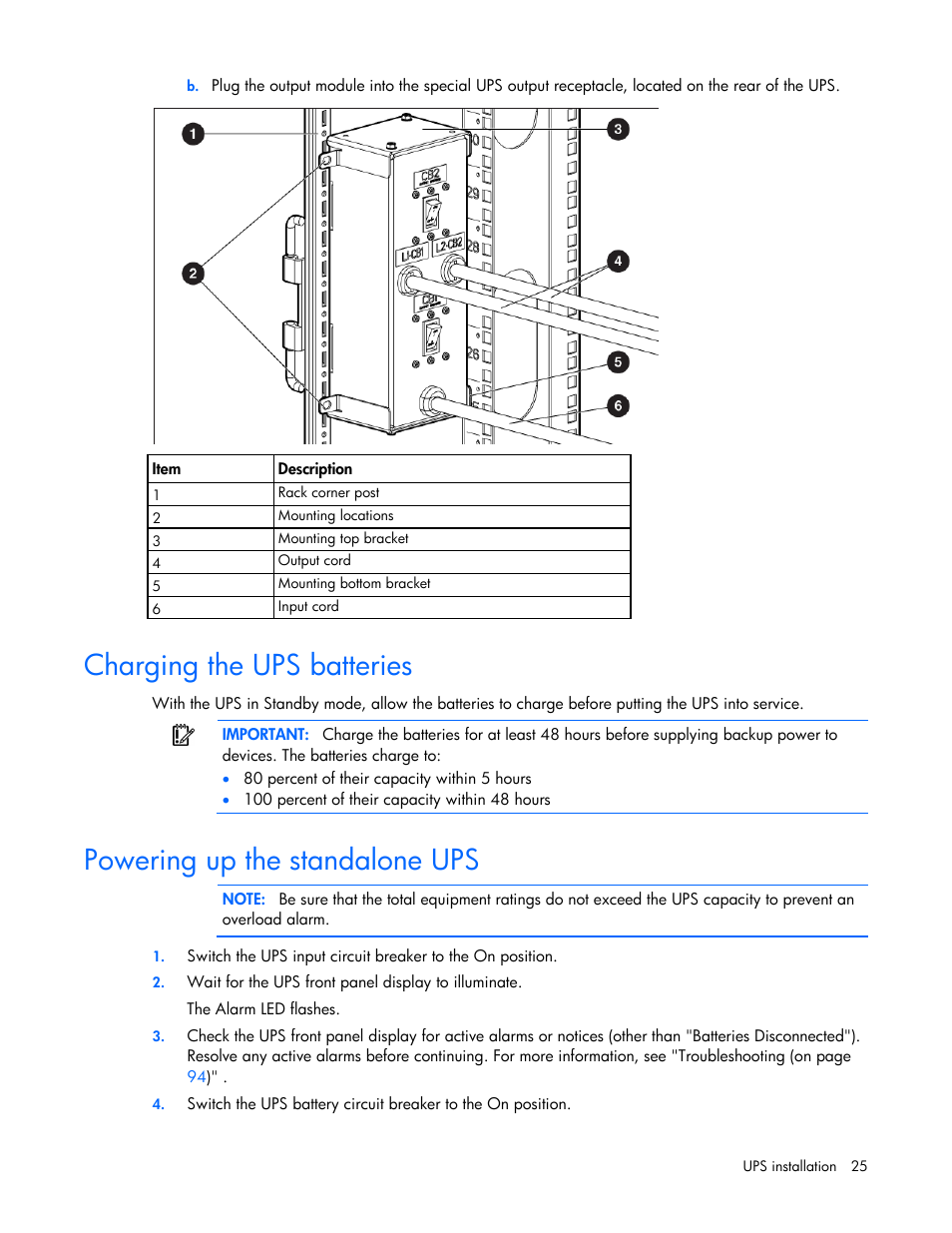 Charging the ups batteries, Powering up the standalone ups | HP Parallel Uninterruptible Power System User Manual | Page 25 / 115