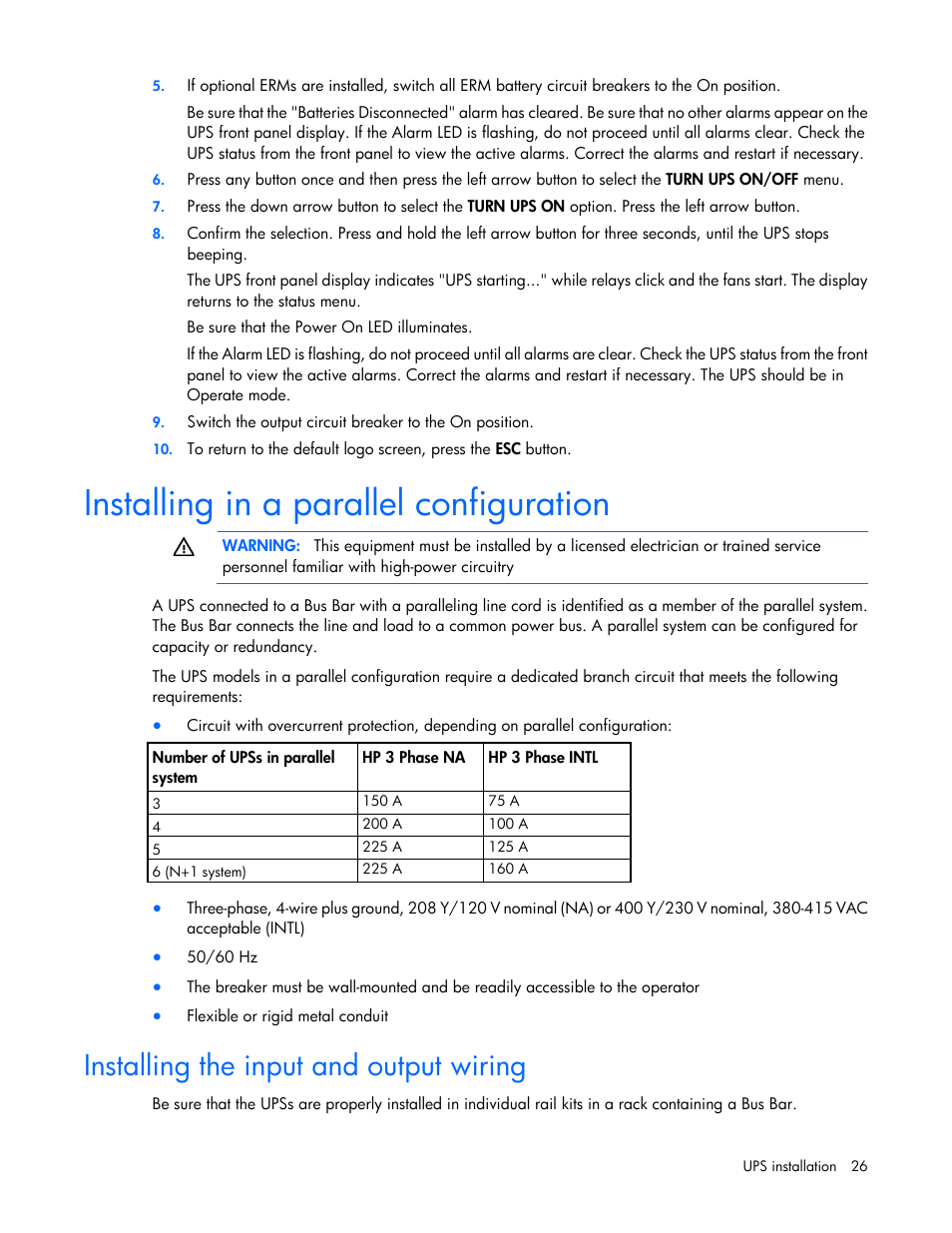 Installing in a parallel configuration, Installing the input and output wiring | HP Parallel Uninterruptible Power System User Manual | Page 26 / 115