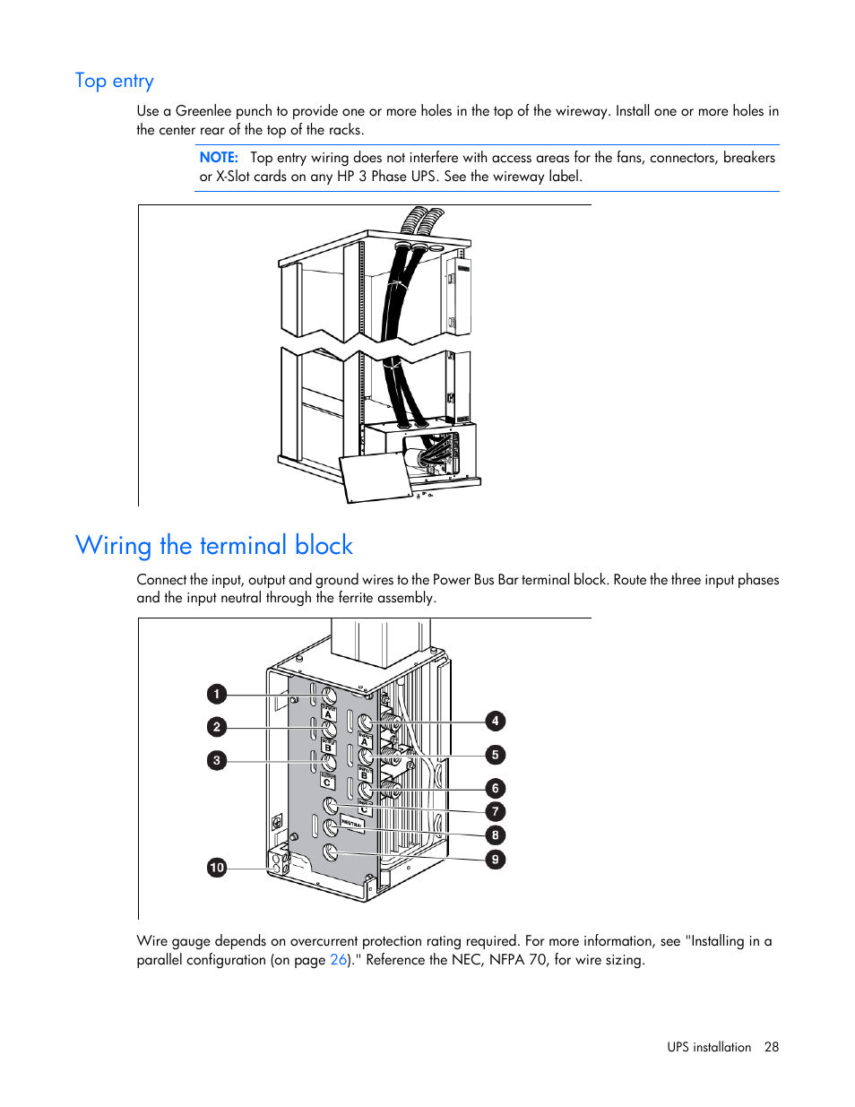 Top entry, Wiring the terminal block | HP Parallel Uninterruptible Power System User Manual | Page 28 / 115