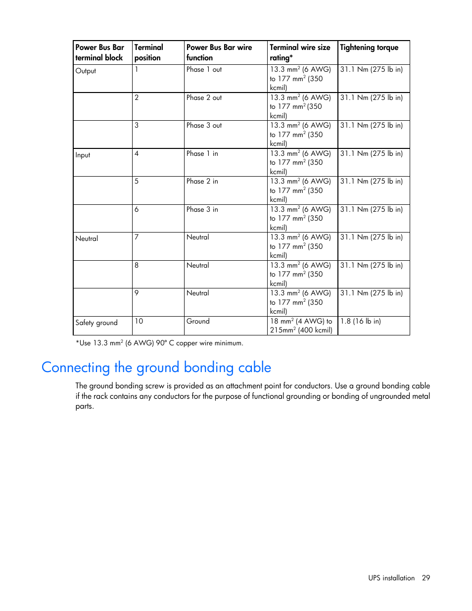 Connecting the ground bonding cable | HP Parallel Uninterruptible Power System User Manual | Page 29 / 115