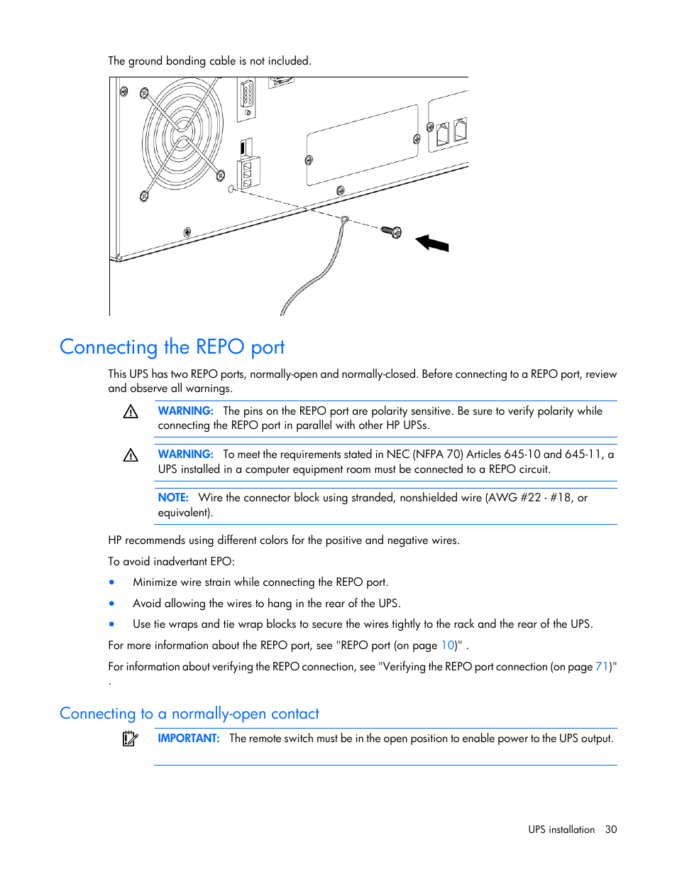 Connecting the repo port, Connecting to a normally-open contact | HP Parallel Uninterruptible Power System User Manual | Page 30 / 115