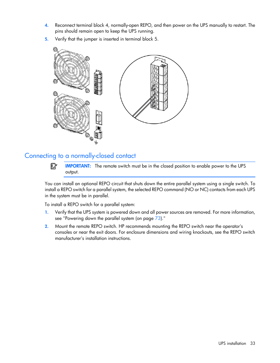 Connecting to a normally-closed contact | HP Parallel Uninterruptible Power System User Manual | Page 33 / 115