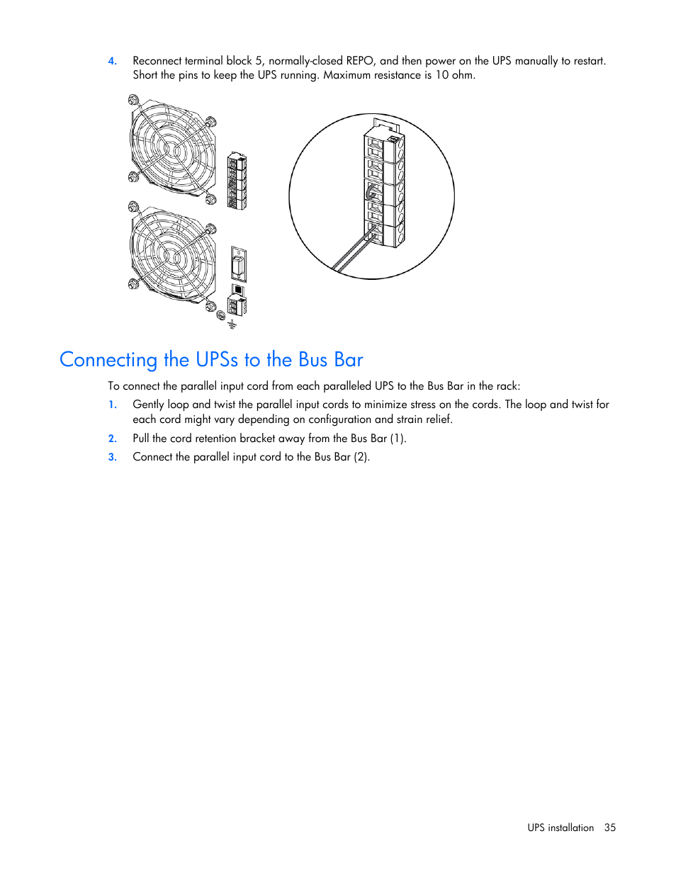 Connecting the upss to the bus bar | HP Parallel Uninterruptible Power System User Manual | Page 35 / 115