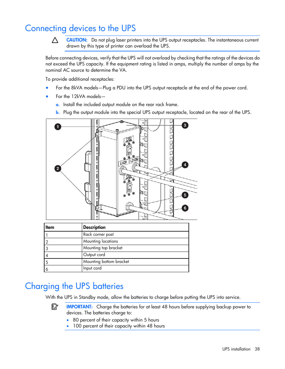 Connecting devices to the ups, Charging the ups batteries | HP Parallel Uninterruptible Power System User Manual | Page 38 / 115