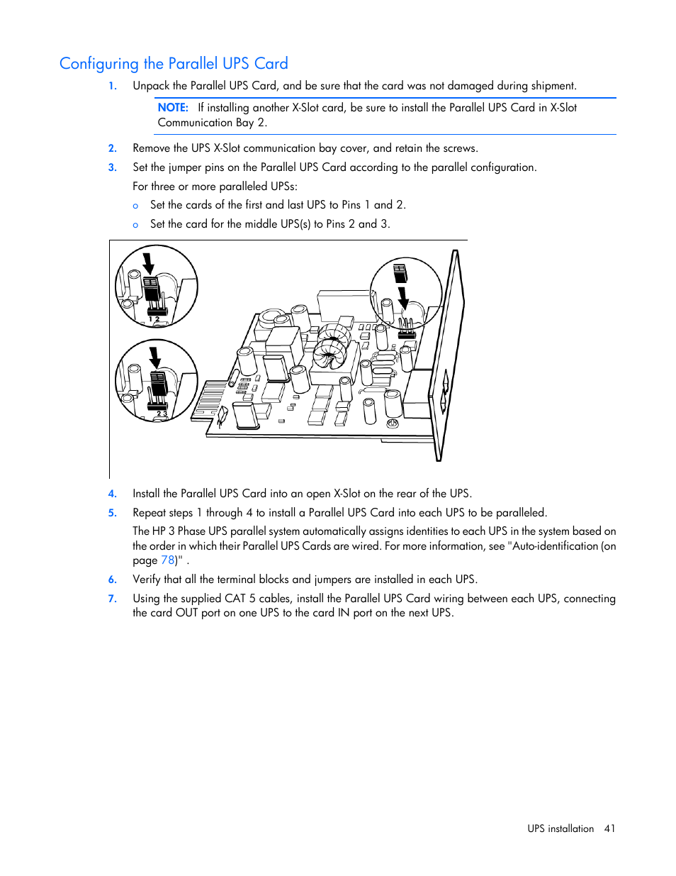 Configuring the parallel ups card | HP Parallel Uninterruptible Power System User Manual | Page 41 / 115