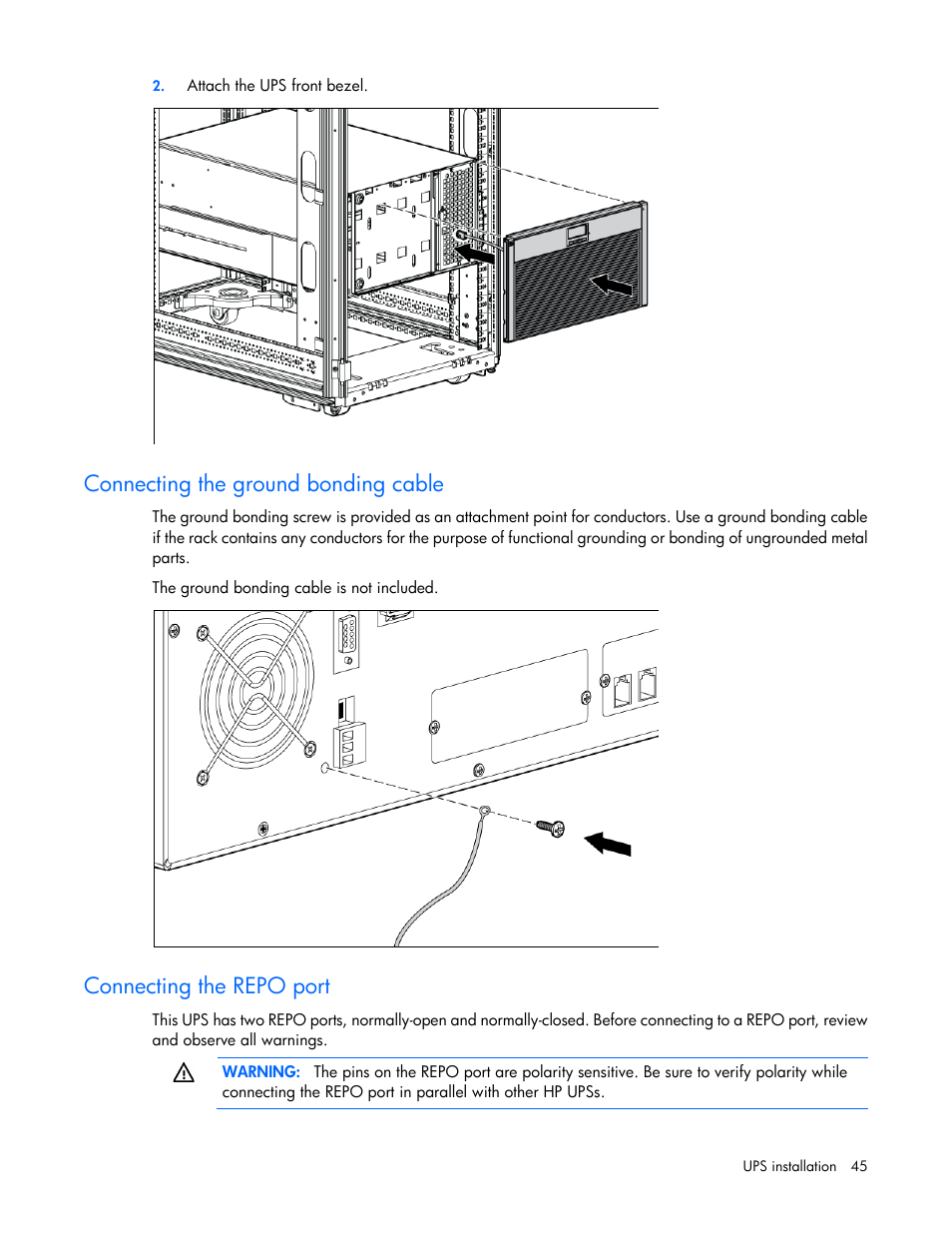 Connecting the ground bonding cable, Connecting the repo port | HP Parallel Uninterruptible Power System User Manual | Page 45 / 115